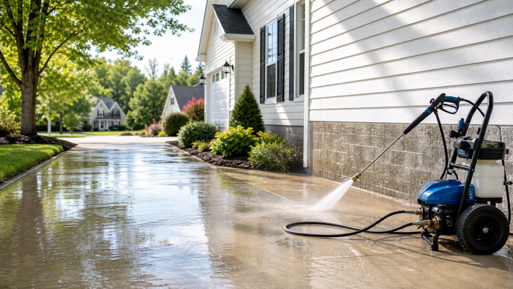 Clean pressure washing equipment and wet exterior surfaces.