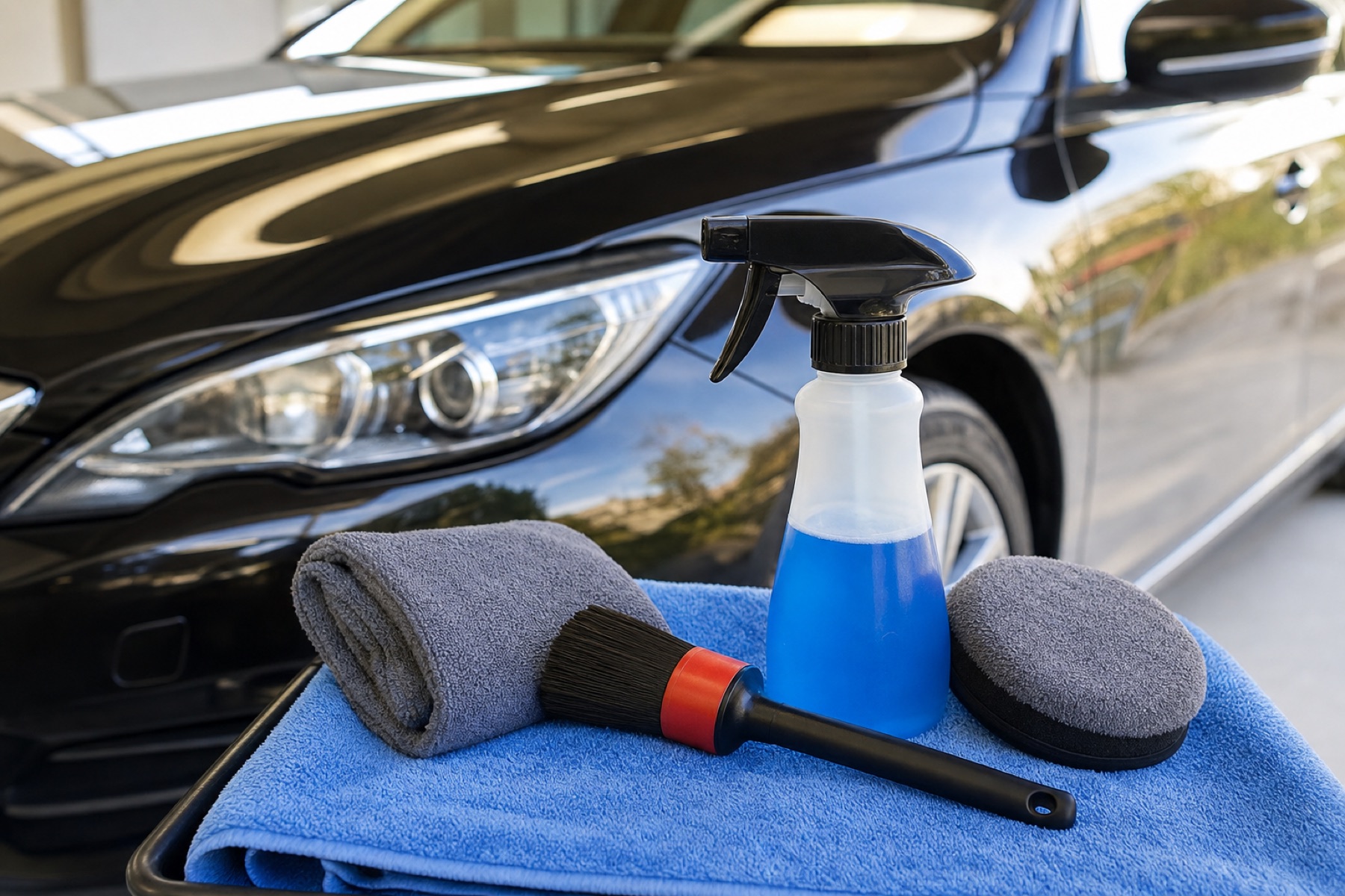 Clean vehicle detailing setup with towels and practical tools.