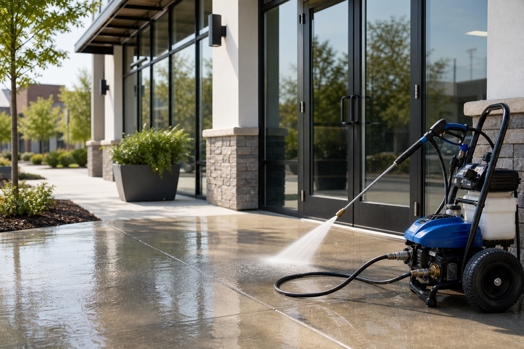 Clean commercial walkway and exterior cleaning tools near a storefront.