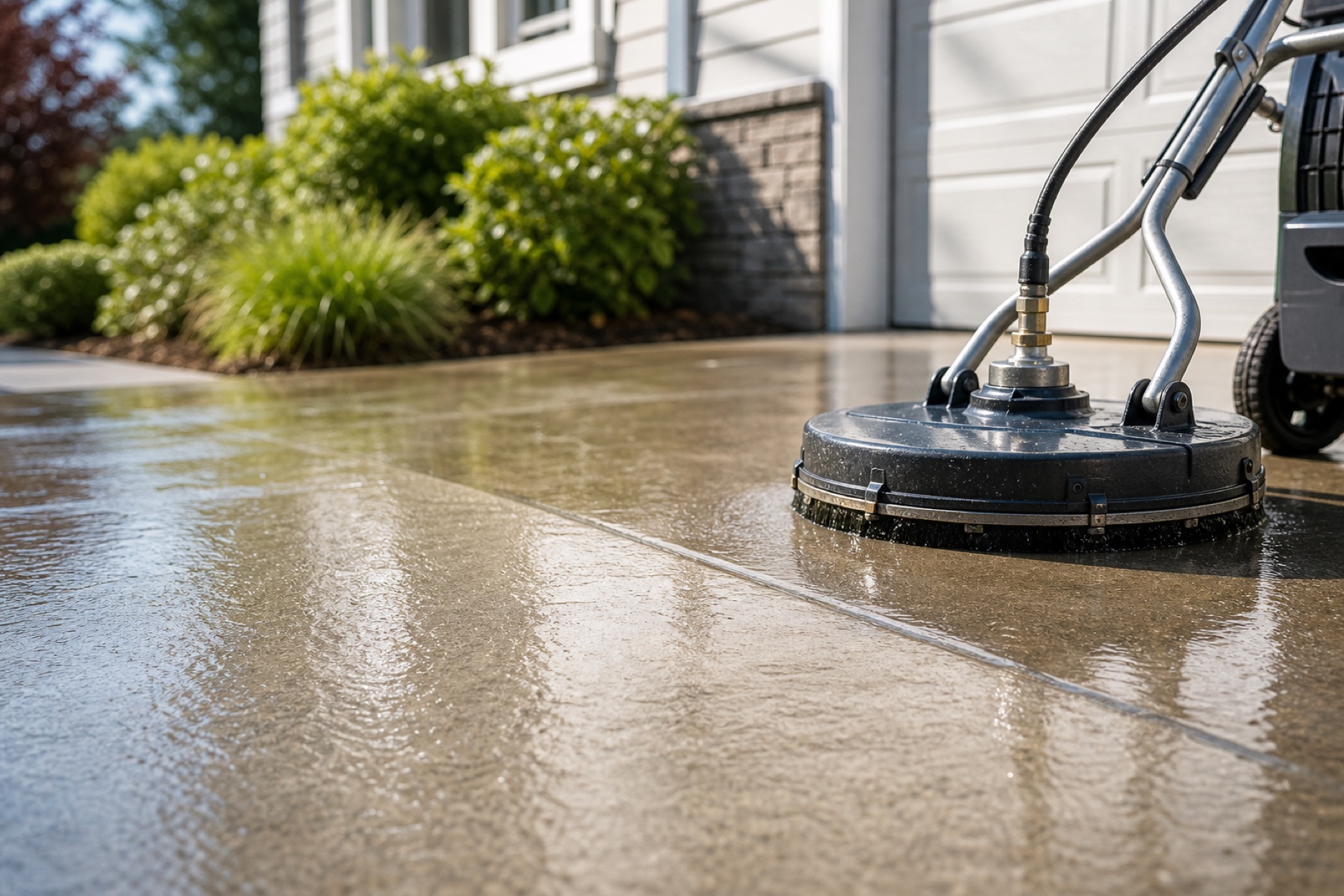 Wet driveway and concrete washing equipment in bright daylight.