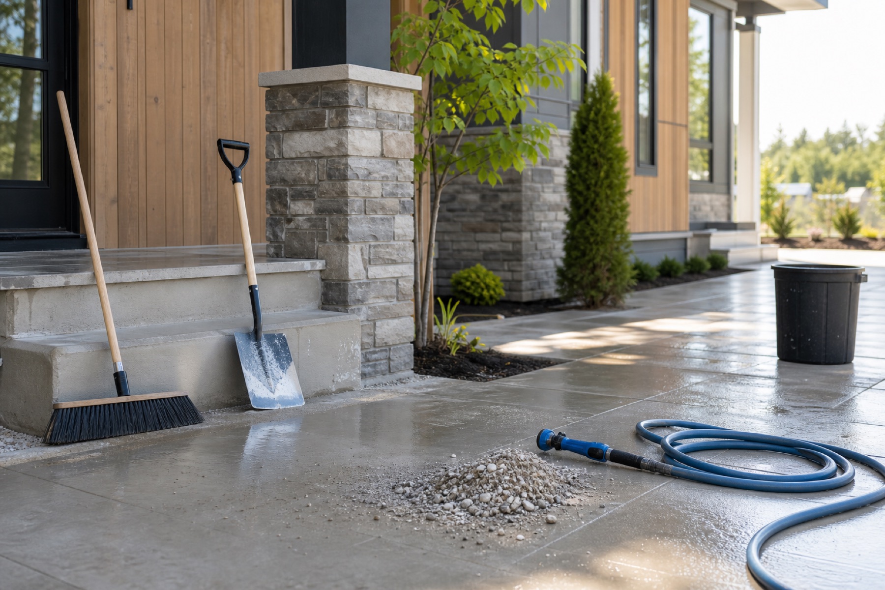 Exterior cleanup tools staged near a recently finished project area.