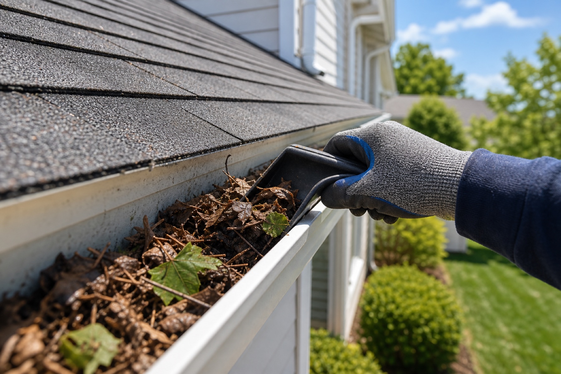 Residential gutter cleaning tools near a tidy home exterior.