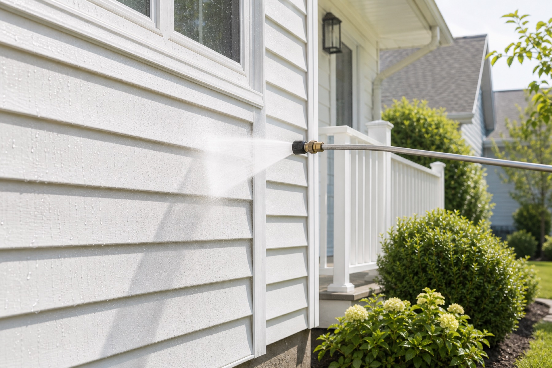Clean home exterior with hose and washing equipment nearby.