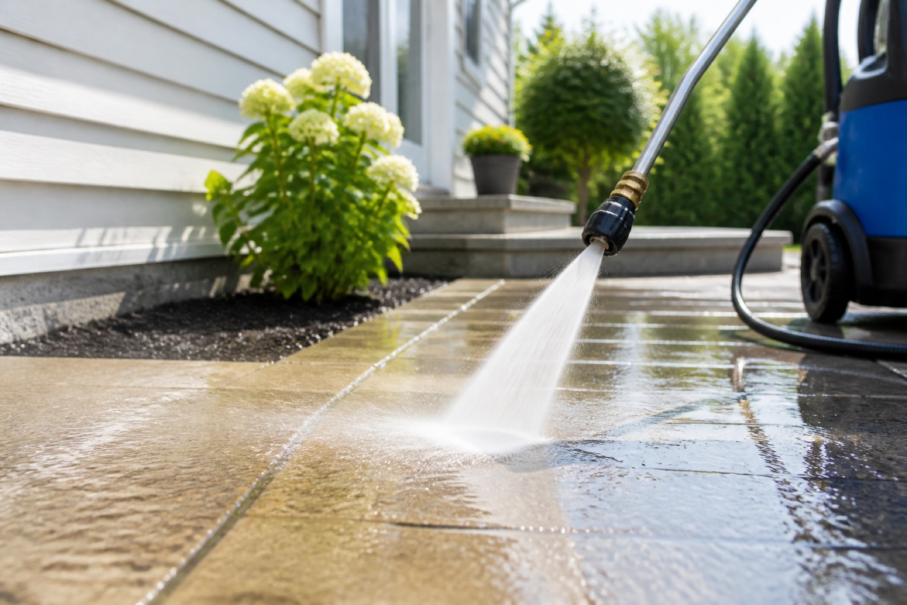 Pressure washing equipment beside clean exterior home surfaces.