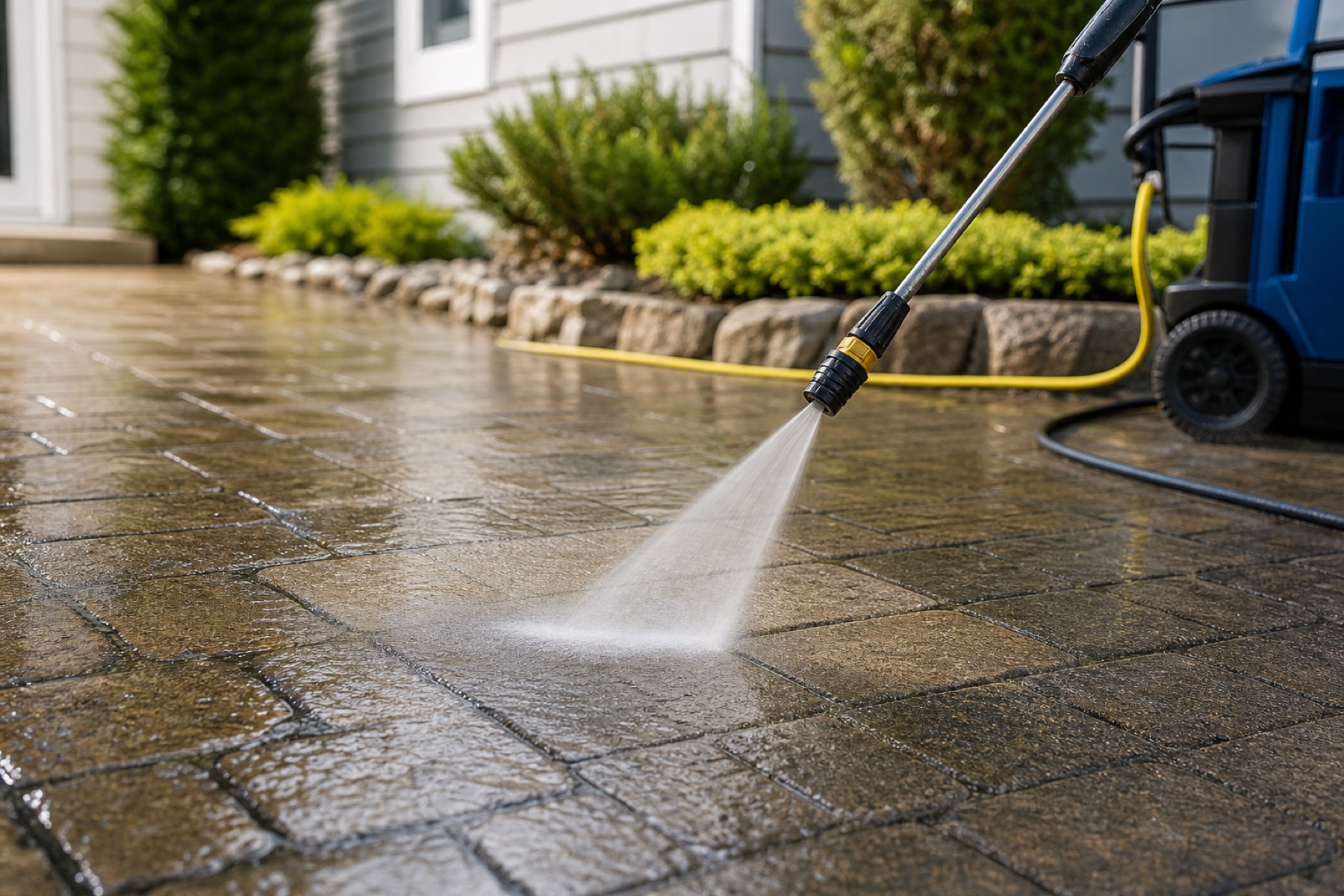 Pressure washer wand cleaning a wet concrete surface.