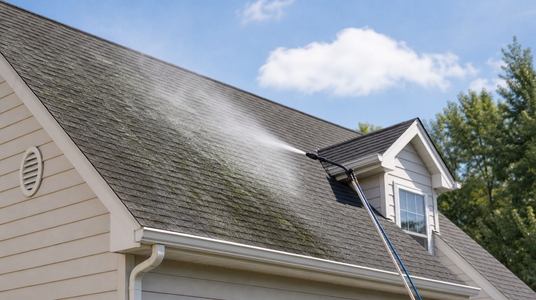 Roof cleaning equipment staged safely near a residential home.